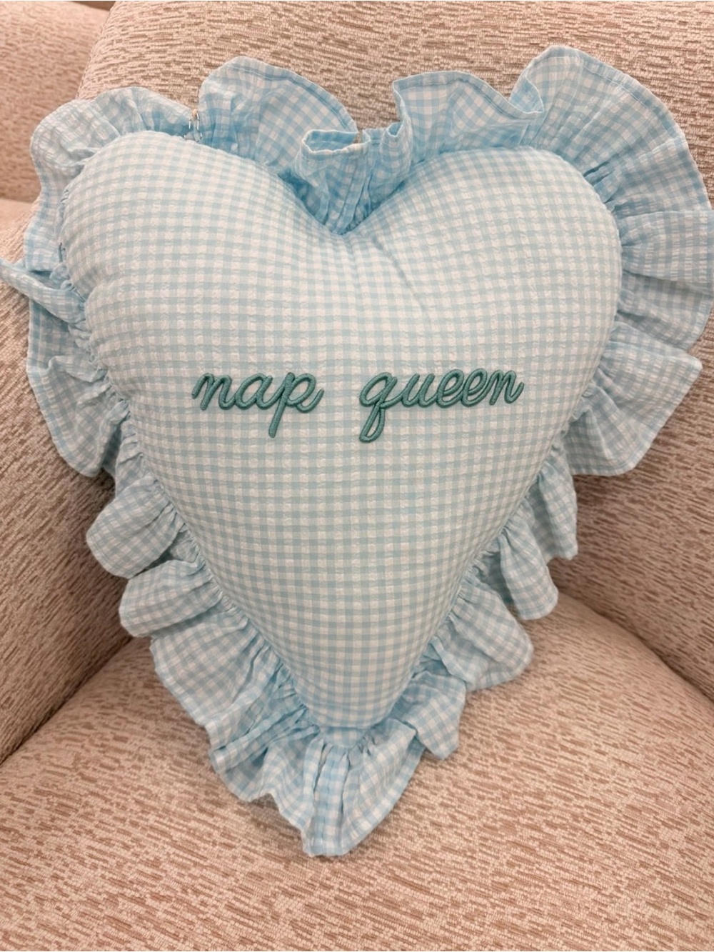Nap Queen Heart Throw Pillow in Light Blue Gingham